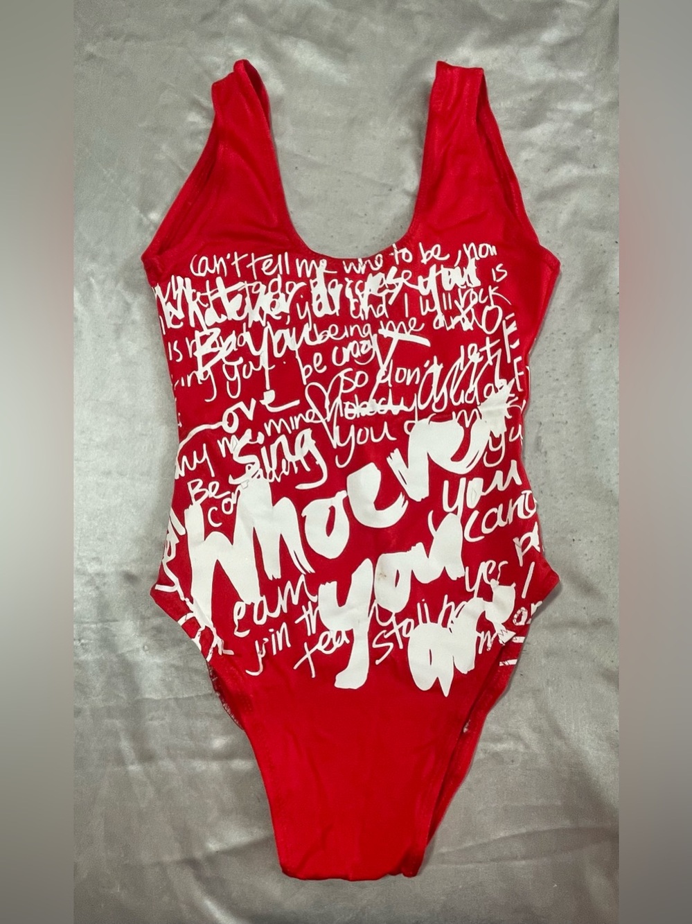 Red Graphic Bodysuit with White Script Print